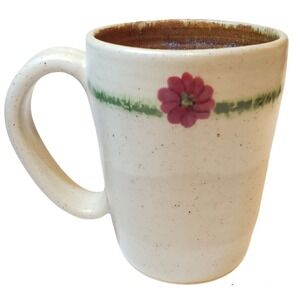 Handmade Pottery Mug Floral Design Green Stripe Rustic Coffee Tea Cup Artisan